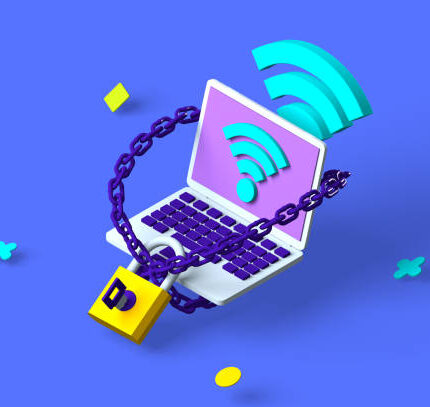 Modern laptop with protecting metal chain and lock illustration. Wireless connection and internet network 3d cartoon design. Security access and protect data concept